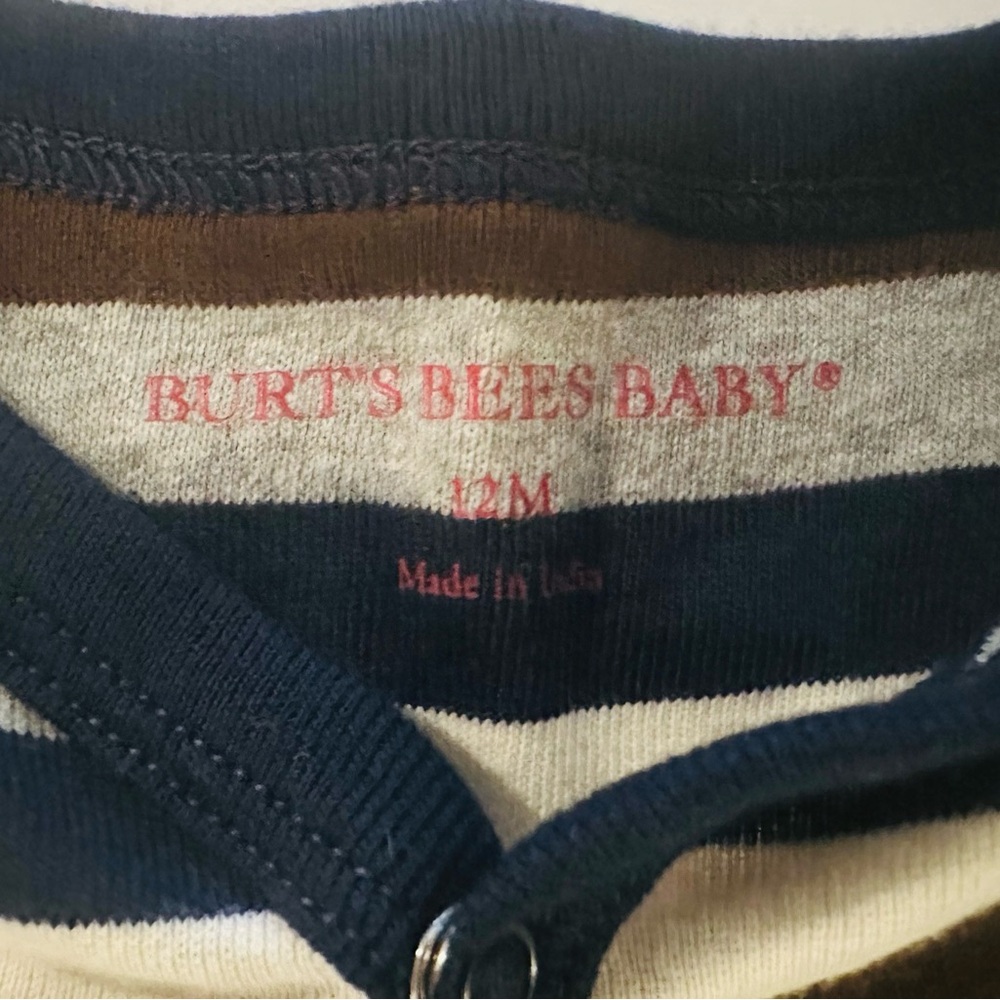 Burt’s Bee Baby New Striped Kids One Piece w/ Hat Brown, Cream, & Blue 12 month - Picture 3 of 5
